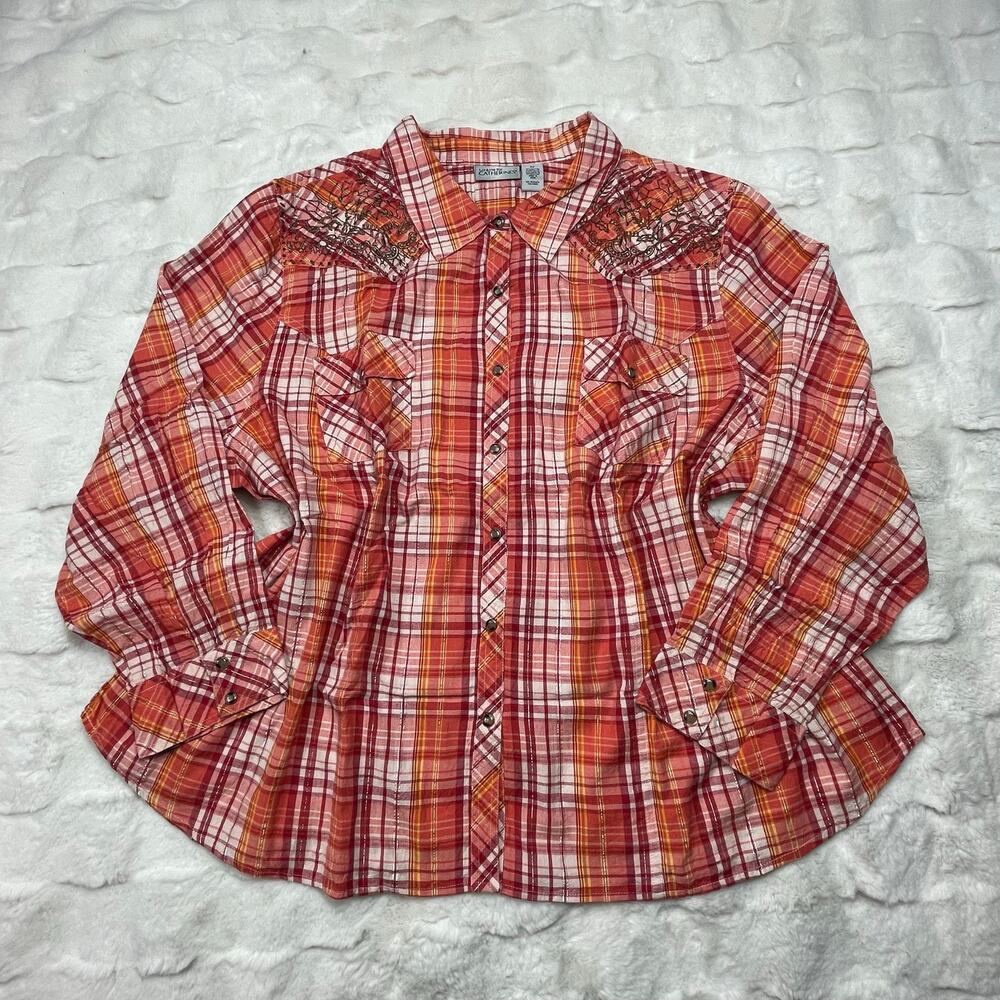 🔥Liz & Me For Catherine’s Plaid Pearl Button Shirt Women 4X Embroidered Western